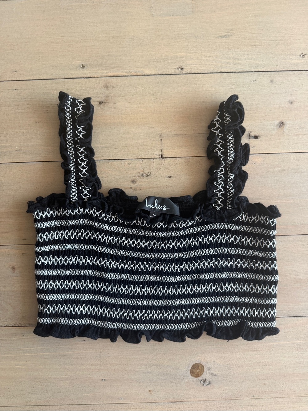 Lulus Black & White Smocked Ruffle Crop Top Size M